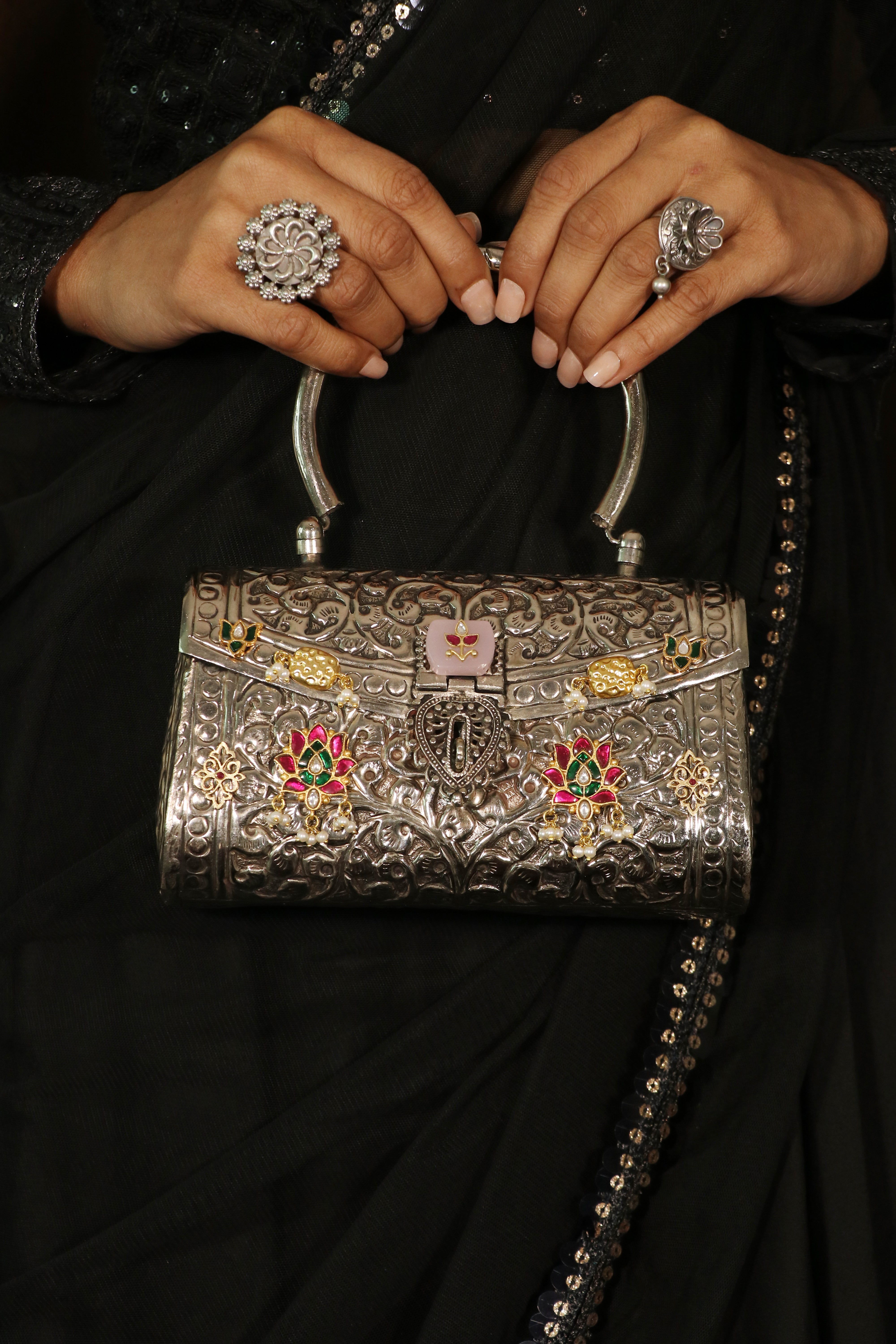 Silver Finish bag with Rose quartz image 0